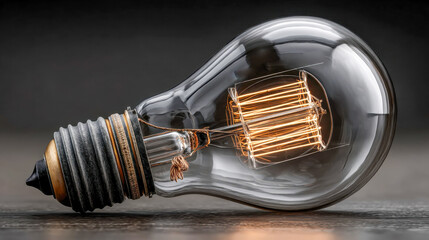 Poster - A vintage-style lightbulb with a glowing filament, resting on a textured surface with a nostalgic industrial aesthetic