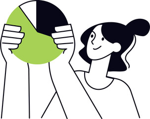 Poster - Woman holding pie chart analysis data business finance report marketing growth presentation strategy success vector art illustration