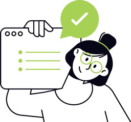 Poster - Woman holding checklist with checkmark for task management and productivity in vector illustration vector art illustration