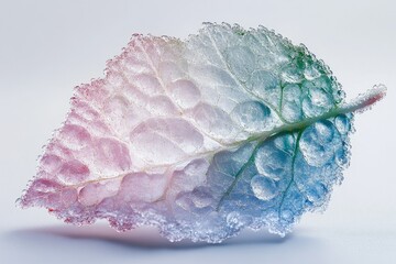 Poster - A leaf's intricate details are highlighted by water droplets, showcasing its delicate veins and pastel hues.