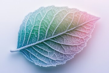 Poster - A frost-covered leaf displays intricate veins and a pastel color gradient, showcasing nature's beauty in winter.