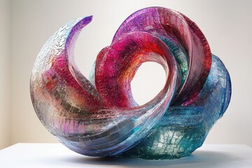 Poster - Abstract glass sculpture with swirling, mosaic-like patterns in vibrant blues, reds, and purples.
