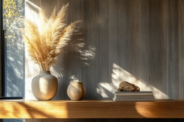 Poster - Sunlit wooden shelf displays pampas grass in a beige vase, small beige bowl, and stacked books with a stone accent.