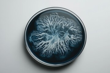 Leinwandbilder - A petri dish showcasing a captivating fractal pattern formed by microbial growth, resembling a mesmerizing natural landscape.