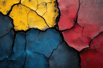 Aufkleber - Cracked paint in vibrant yellow, red, and blue hues creates an abstract, textured masterpiece.