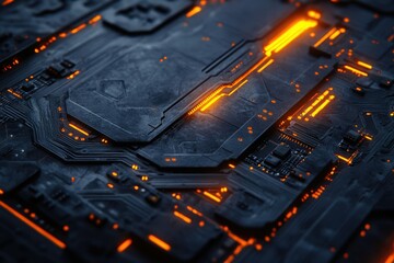 Leinwandbilder - Close-up of a futuristic, dark circuit board with glowing orange lines, showcasing intricate technological details.
