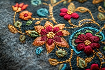 Aufkleber - Intricate floral embroidery on dark fabric, showcasing vibrant colors and detailed stitching.