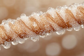 Poster - Close-up of water droplets frozen on a spiraled wooden surface, showcasing intricate details and textures.