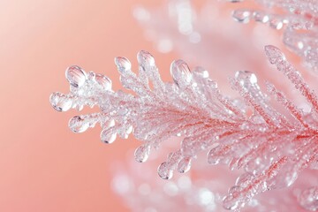 Poster - Close-up of a frosty plant branch with delicate ice crystals and water droplets.