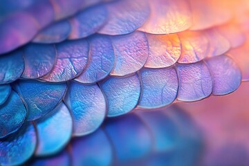 Poster - Close-up of iridescent scales, showcasing vibrant blue and purple hues with a soft, dreamlike texture.