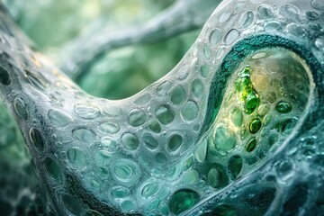 Fototapete - Abstract close-up of a translucent, porous, green material with bubble-like structures.