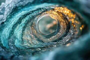 Poster - A mesmerizing close-up of a turquoise wave, sunlight illuminating its swirling depths.