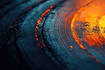 Aufkleber - Close-up view of a textured vinyl record with vibrant orange and teal hues, showcasing grooves and details.