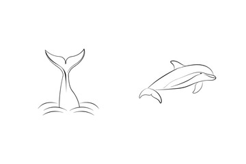 Simple black line art illustration of dolphins performing aquatic activities swimming and diving