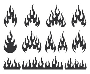Poster - Set of Black Fire Flames Vector Illustration Collection of Different Shapes and Styles Isolated on White Background for Design Elements and Decoration