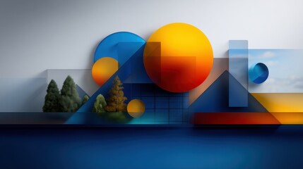 Poster - This artwork features a blend of bold geometric shapes and forms in vibrant colors. Natural elements like trees and mountains merge with abstract designs, creating a dynamic visual experience.