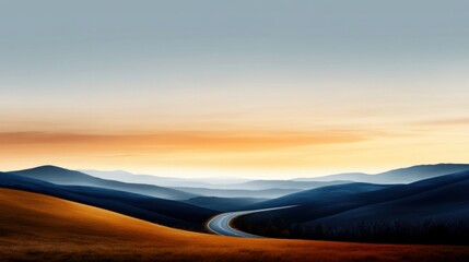 Wall Mural - A winding road stretches through golden hills, surrounded by layers of blue mountains under a colorful sunset sky. The tranquil scene captures nature's beauty and calm.