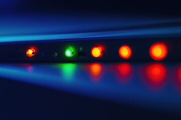 Poster - Close-up of the green light on an unlit home internet optimization device, with three small red lights