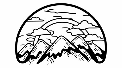 Poster - Illustration of mountain peaks with clouds and a rainbow inside a semi circle frame design element created with generated ai