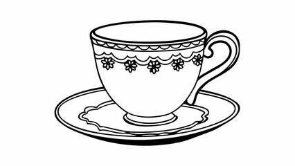 Poster - Elegant teacup with floral design on a saucer in black and white outline illustration style created with generated ai
