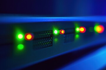 Poster - Close-up of the green light on an unlit home internet optimization device, with three small red lights