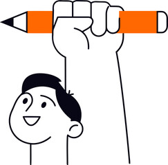 Poster - Illustration of creative writing concept with hand holding pencil above person for blog and design 100 vector art illustration