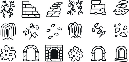 Set of black line icons for nature and architecture design elements