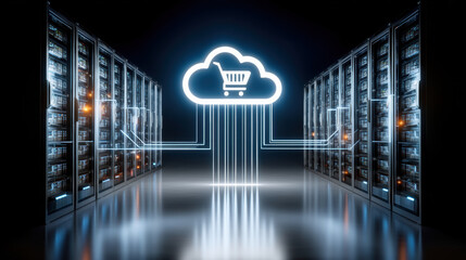 Poster - Cloud computing tariff concept with shopping cart icon and data center servers in futuristic technology room