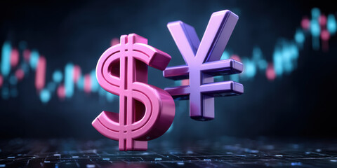 Poster - Currency symbol and tariff concept with dollar and yen signs in 3D style on digital background showing financial market trends