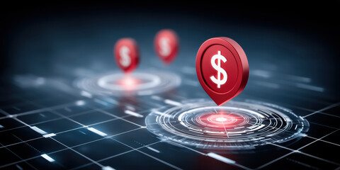 Poster - Digital dollar symbols highlight tariff impact on financial technology with futuristic interface and glowing red markers on dark grid background