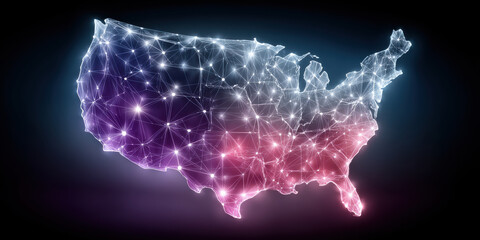 Poster - Digital map of United States with glowing network connections showing tariff impact and trade routes in futuristic style