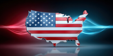 Poster - United States map with flag design and tariff concept in red and blue light waves creating dynamic patriotic background