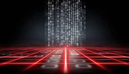 Poster - Digital binary code with red grid lines creates futuristic tariff concept in dark space with glowing light and data flow effect