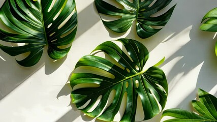 Poster - Monstera leaves spread out on a pale surface, highlighted by soft shadows that add depth and warmth in the daylight