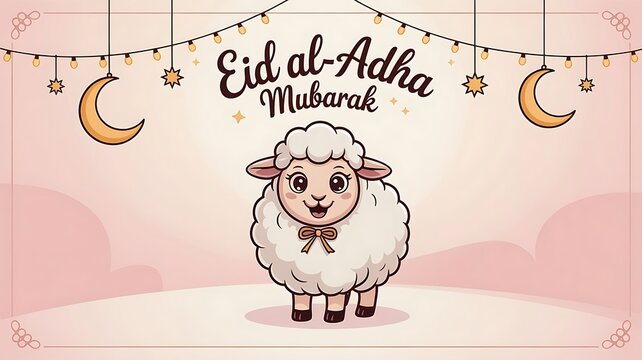 Eid Al Adha mubarak white card. Muslim holiday card with cute sheep, moon and lantern and stars. Vector illustration. 2025 Eid Al Adha banner, greeting card, created with generative ai
