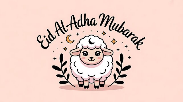 Eid Al Adha mubarak white card. Muslim holiday card with cute sheep, moon and lantern and stars. Vector illustration. 2025 Eid Al Adha banner, greeting card, created with generative ai