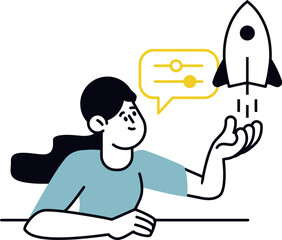 Poster - Woman with rocket and settings startup launch vector illustration business development success concept 100 vector art illustration