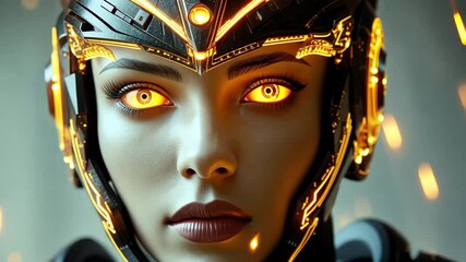 Poster - Futuristic female cyborg with luminous golden headgear, Beautiful female cyborg with glowing golden headgear