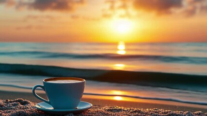 Wall Mural - Enjoying a peaceful morning coffee by the shore as the sun rises over the horizon, Coffee cup on the shore with rising sun in the background Serenity and morning calm concept
