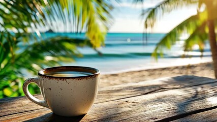 Wall Mural - Enjoying coffee on a rustic table overlooking the serene sea and palm trees during a sunny day, Coffee cup on a rustic table with a view of the sea and palm trees Relaxing beach concept