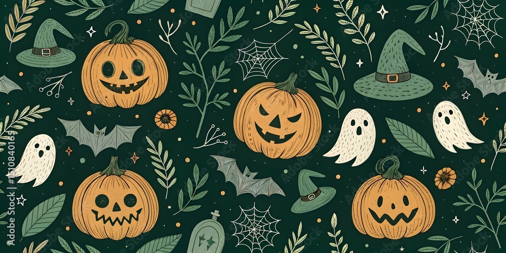Spooky Halloween pattern with pumpkins, ghosts, and bats Stock ...