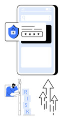 Poster - mobile screen with padlock and password input, person analyzing risk blocks, arrows indicating growt