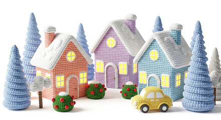 Poster - Cozy knitted christmas village with illuminated houses and trees