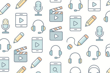 Poster - Creative design featuring various multimedia icons in pastel colors arranged on a light background