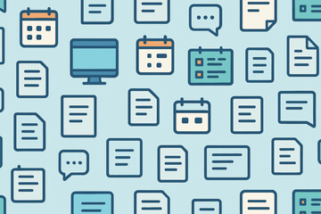 Poster - Digital workspace illustration featuring various documents and calendar elements in a vibrant pattern design for enhancing productivity