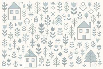 Poster - Elegant pattern showcasing house and plant motifs in a calming color palette for home decor inspiration