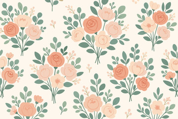 Poster - Floral pattern featuring pink and cream roses with green foliage on a light background