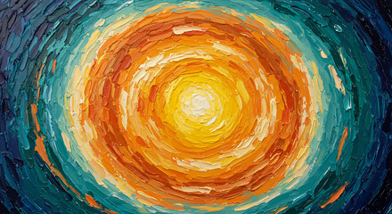 Aufkleber - Vibrant, textured oil painting depicts a swirling vortex of warm orange and yellow hues against a deep blue background.