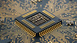 © AliSta - Close-up of computer processor chip integrated on motherboard with gold traces, illustrating technology, microelectronics, computing and hardware