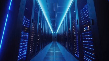 Aufkleber - Modern data center hallway with glowing blue server racks and bright ceiling lights, ideal for cloud computing, digital infrastructure, cybersecurity, and high-tech network architecture concepts